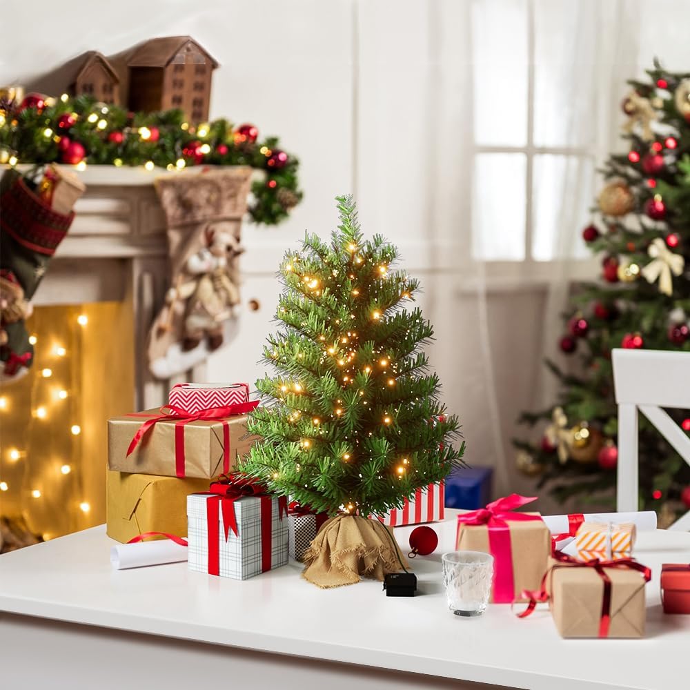 Pre-lit Mini Christmas Tree, 2ft Christmas Tree with 50 Led Warm Lights, Artificial Christmas Tree with 72 Branch Tips, Battery Operated Small Xmas Tree for Table Desk Best Holiday Home Decorations