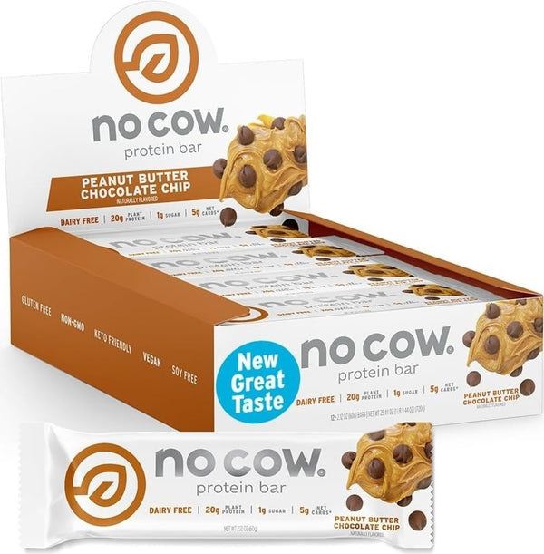 No Cow Vegan Protein Bars, Upgraded Chocolate Chip Cookie Dough, 20g Plant Based Protein, Gluten Free, Dairy Free, Soy Free, Keto Friendly, Low Sugar, High Fiber Snack Bars, Pack of 12