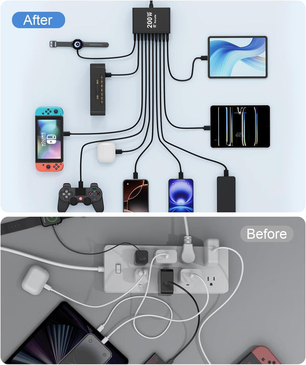 USB C Charging Station 10 Port with 4 Cables,200W GaN Type C Charger Block,Wall Charger Power Strip Adapter Plug for iPad iPhone17 16 15 14 13 12 Pro Max Pixel Note Galaxy