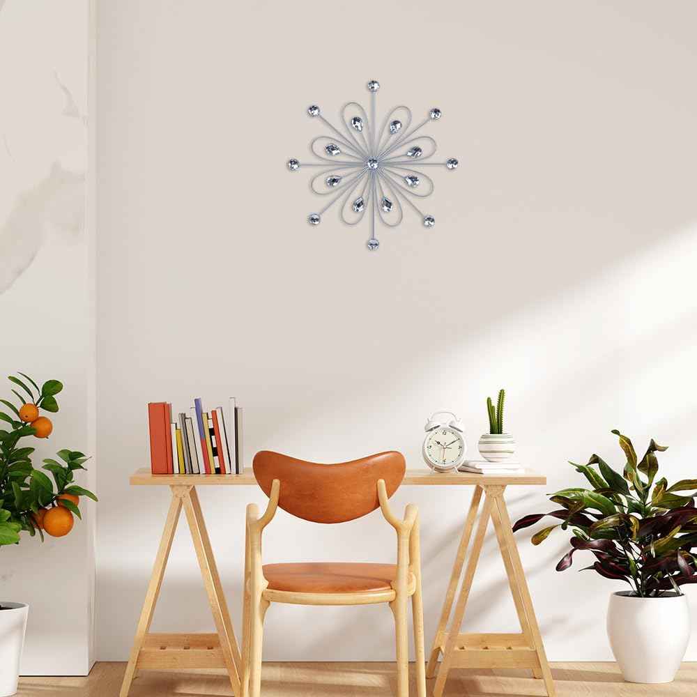 hogardeck Metal Flower Wall Decor, 11inch Silver Metal Jeweled Wall Art Bling Crystal Home Décor, Sun Burst Rhinestone Wall Hanging Diamond Accents for for Indoor, Outdoor, Living Room, Bedroom