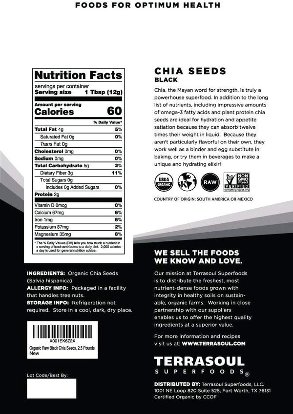 Terrasoul Superfoods Organic Black Chia Seeds, 2.5 Pounds, Nutrient-Packed Superfood for Energy, Puddings, Smoothies, and Baking