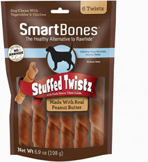 SmartBones Stuffed Twistz with Peanut Butter, Rawhide-Free Dog Chews - Pork Flavor, 6 Twistz, Easy to Digest