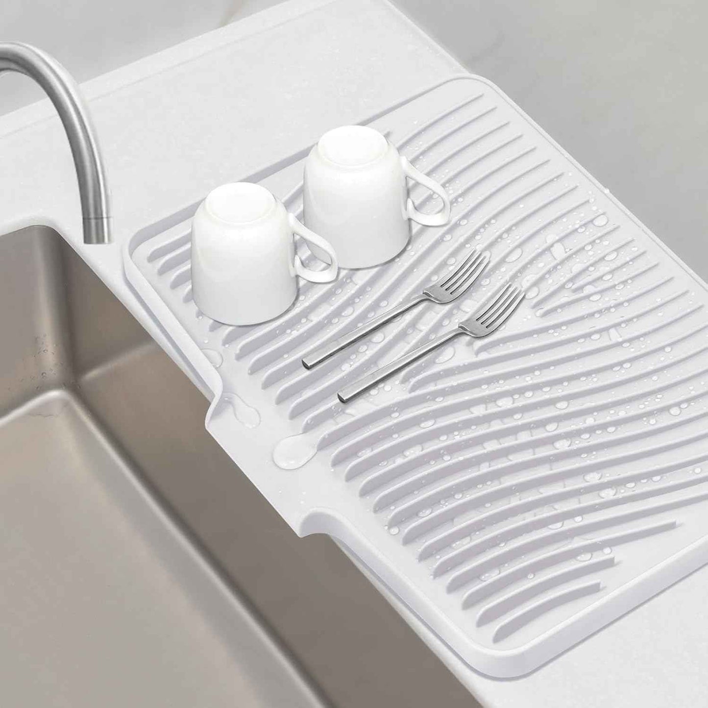 Silicone Dish Drying Mat for Kitchen Counter, Dish Drying Pad, Non-Slip Drain Pad with Built-in Drain, Heat Resistant Stone Drying Mat(15.8" x 13", Grey)