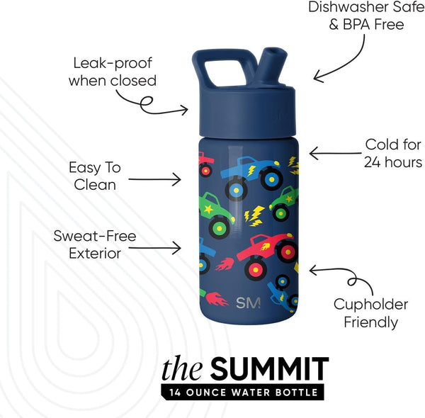 Simple Modern Kids Water Bottle with Straw Lid, 14oz Insulated Stainless Steel Tumbler for School