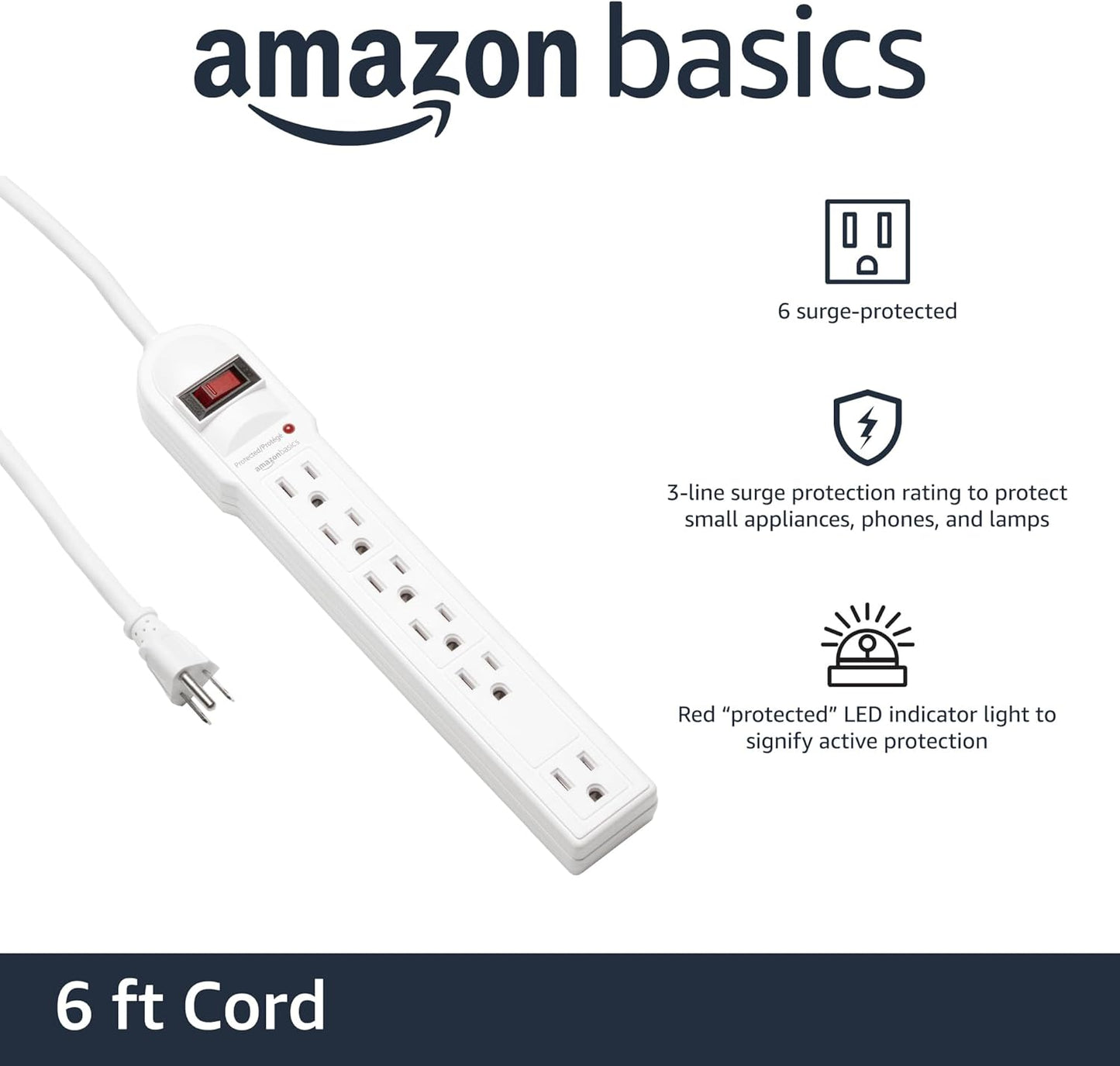 Amazon Basics Surge Protector Power Strip, 6-Outlet, 790 Joules, LED Indicator, 6ft Extension Cord, White