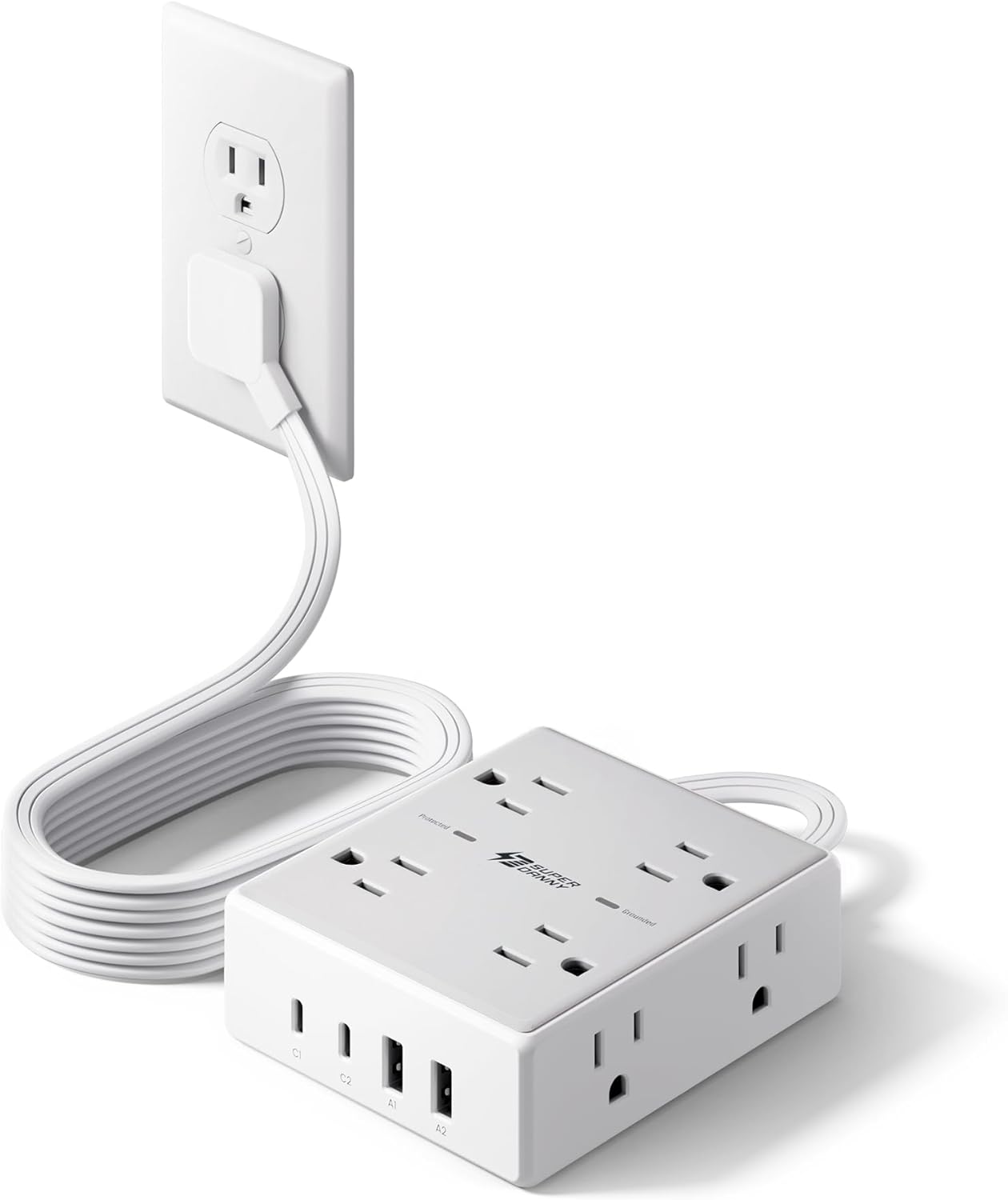 10Ft Extension Cord with Multiple Outlets, Flat Plug Surge Protector Power Strip 10 Ft Long Cord, 8 Outlets & 4 USB Ports (2 USB C), Desk Charging Station for Home Office, College Dorm Room Essentials