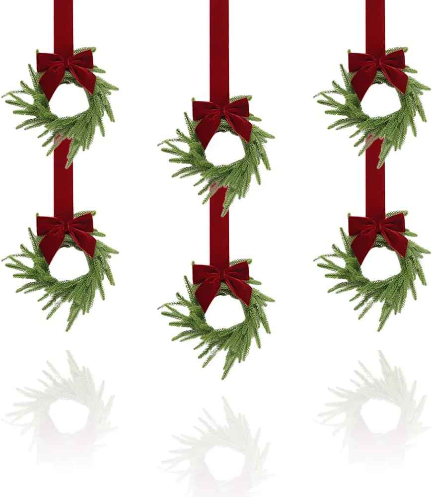 Small Christmas Wreath, 6 Pcs 6" Mini Christmas Wreaths for Cabinets, Small Cabinet Wreaths for Kitchen Cabinet Window Door Farmhouse Christmas Party Decorations Candle Rings Fireplaces (A)