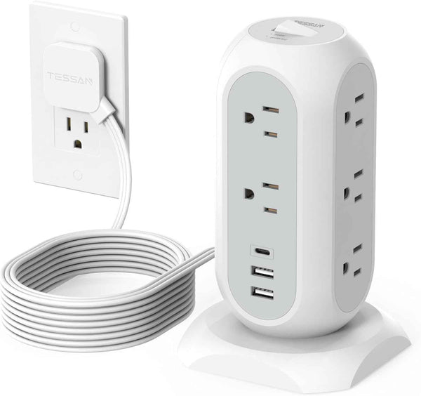 Tower Power Strip Flat Plug with 11 Outlets 3 USB (1 USB C), TESSAN Surge Protector Tower 1625W/13A,1050J Protection, 6 Feet Extension Cord with Multiple Outlets, Office Desk Supplies, Dorm Essentials