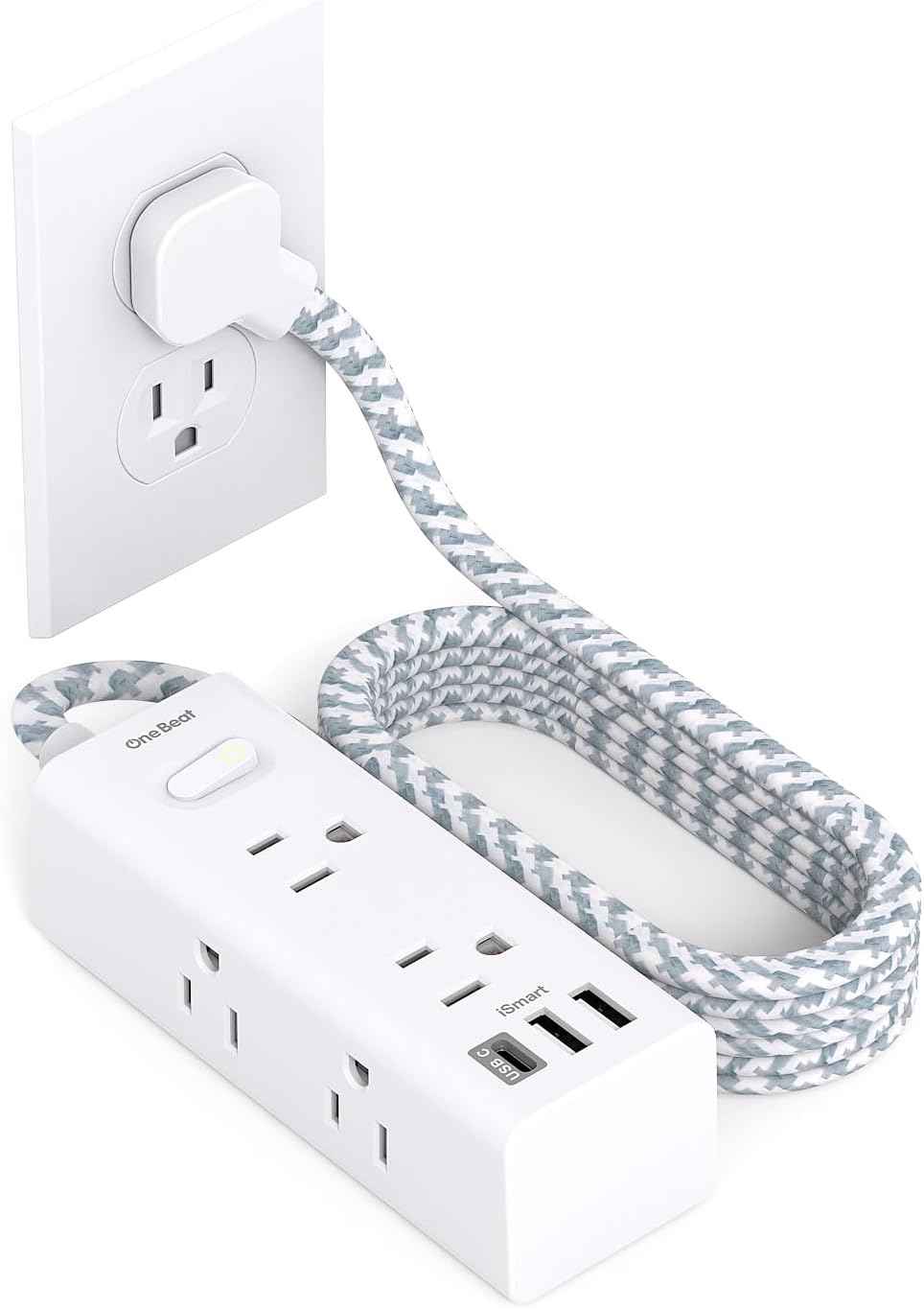 Power Strip Surge Protector - One Beat 6 Widely Outlets with 3 USB Ports (1 USB C), 5 Ft Extension Cord Flat Plug, Wall Mount Outlet Extender Small Power Strip for Travel Home Office College Dorm Room