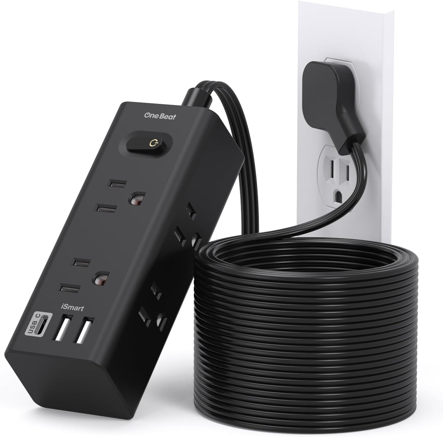 One Beat 10Ft Extension Cord Power Strip – 6 Outlets & 4 USB Ports (2 USB-C), Flat Plug Surge Protector for Home