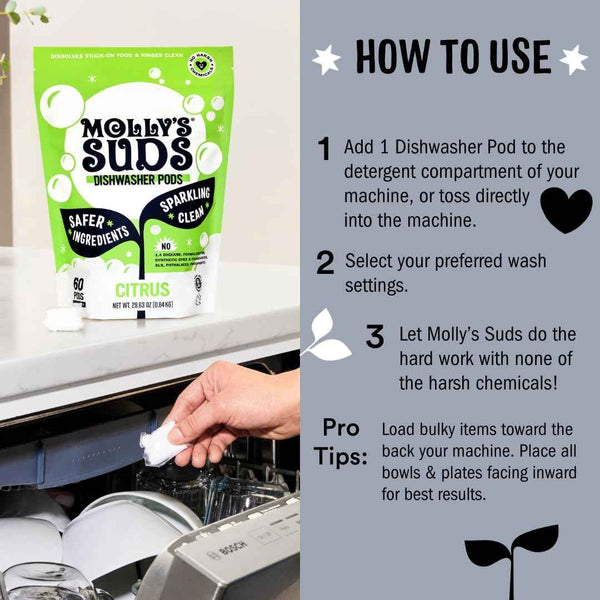 Molly's Suds unscented dishwasher pods, grease-cutting, residue-free cleaning, 60-count package, eco-friendly