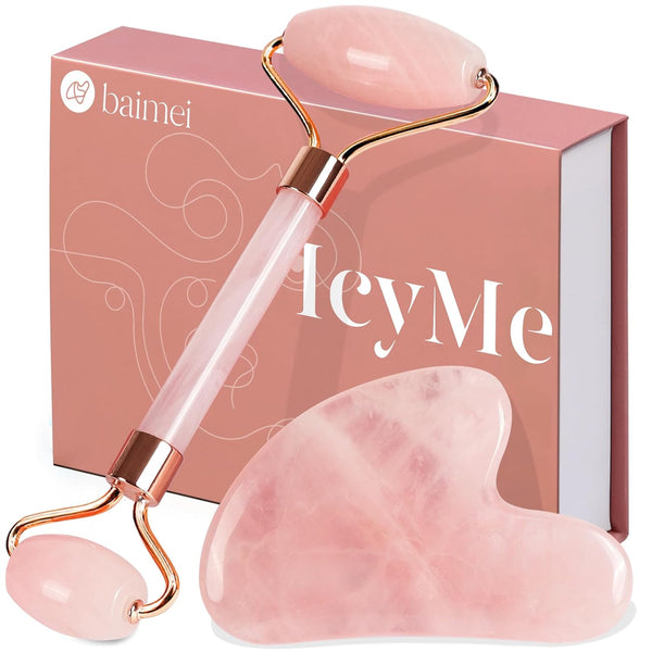 BAIMEI IcyMe rose quartz jade roller and gua sha for radiant skin, redness reducing self-care tools for men and women