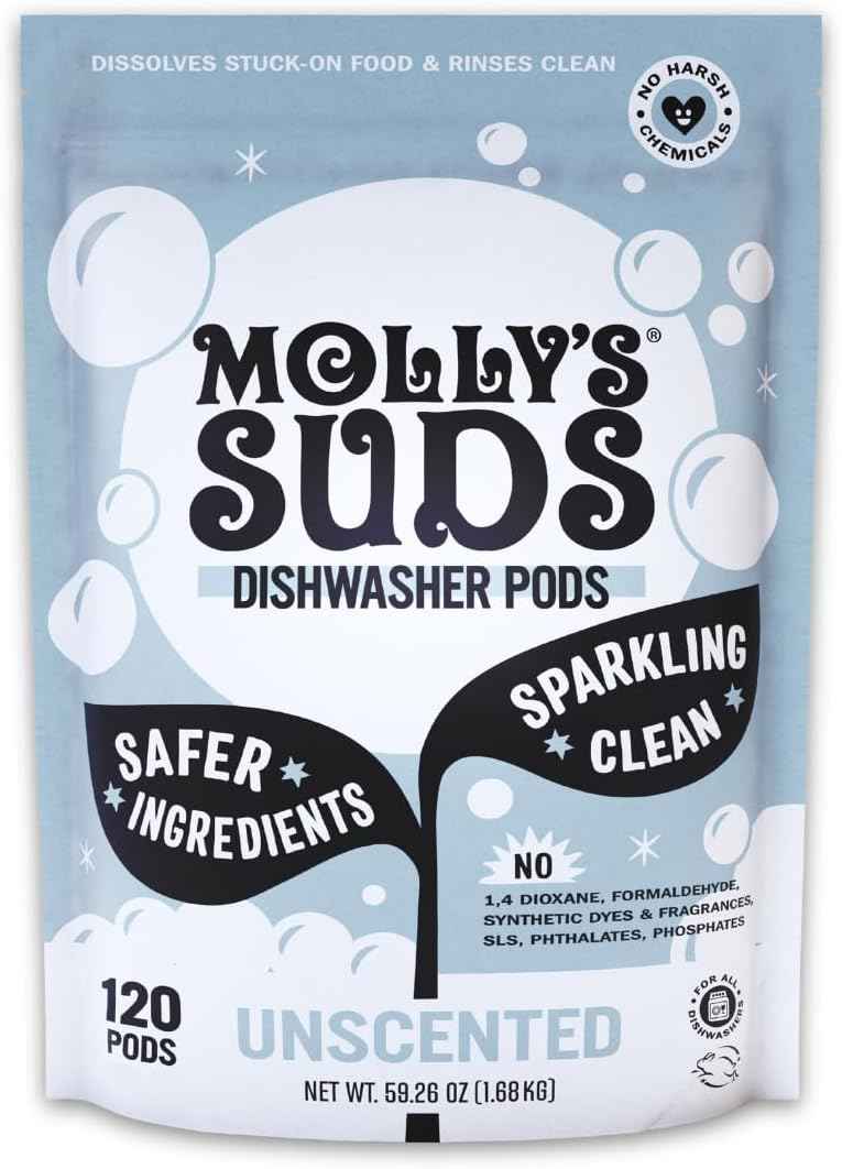Molly's Suds Dishwasher Pods | Clean Dishwasher Detergent, Cuts Grease & Rinses Clean (Residue-Free) for Sparkling Dishes | 60 Auto-Release Tabs (Unscented)