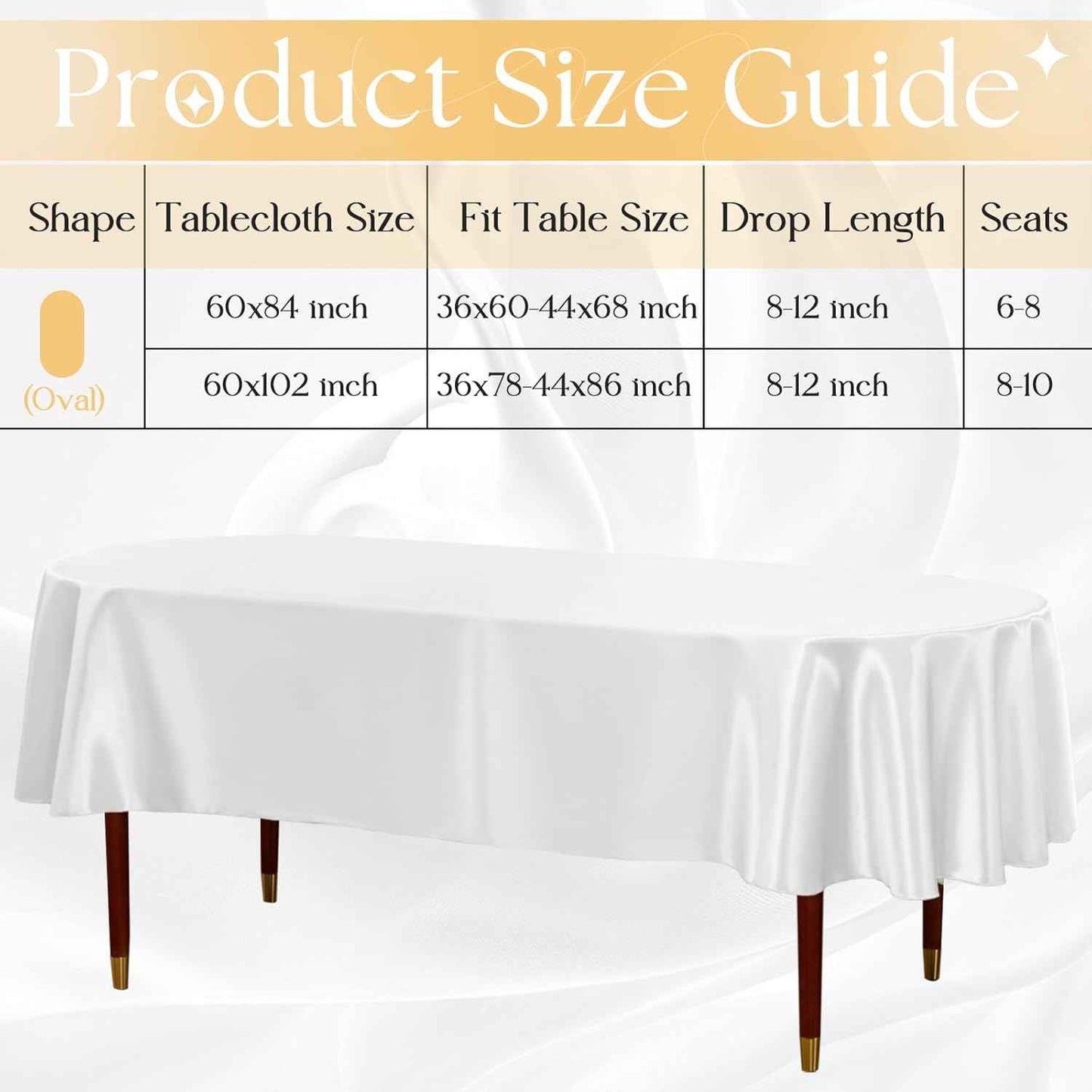 White Satin Oval Tablecloth 60 x 84 Inch Washable for Indoor/Outdoor Use, Wrinkle Resistant Stain Fabric Table Cover for Farmhouse, Dining, Kitchen, Wedding, Banquet, Party