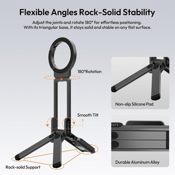 ULANZI MA38 Magnetic Phone Tripod for iPhone 17/16/15-52N Strong Magnet Foldable Hook for Magsafe Phone Tripod, Portable Mini Phone Stand for Desk w Arca Uka Mount & Back Magnetic for Vlog/Travel