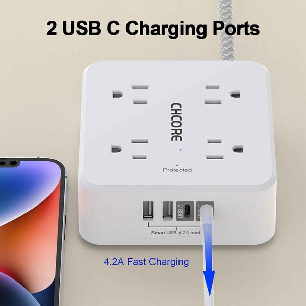 CHCORE 5Ft braided extension cord surge protector with 8 outlets and 4 usb charging ports, 2 usb c, flat plug, white