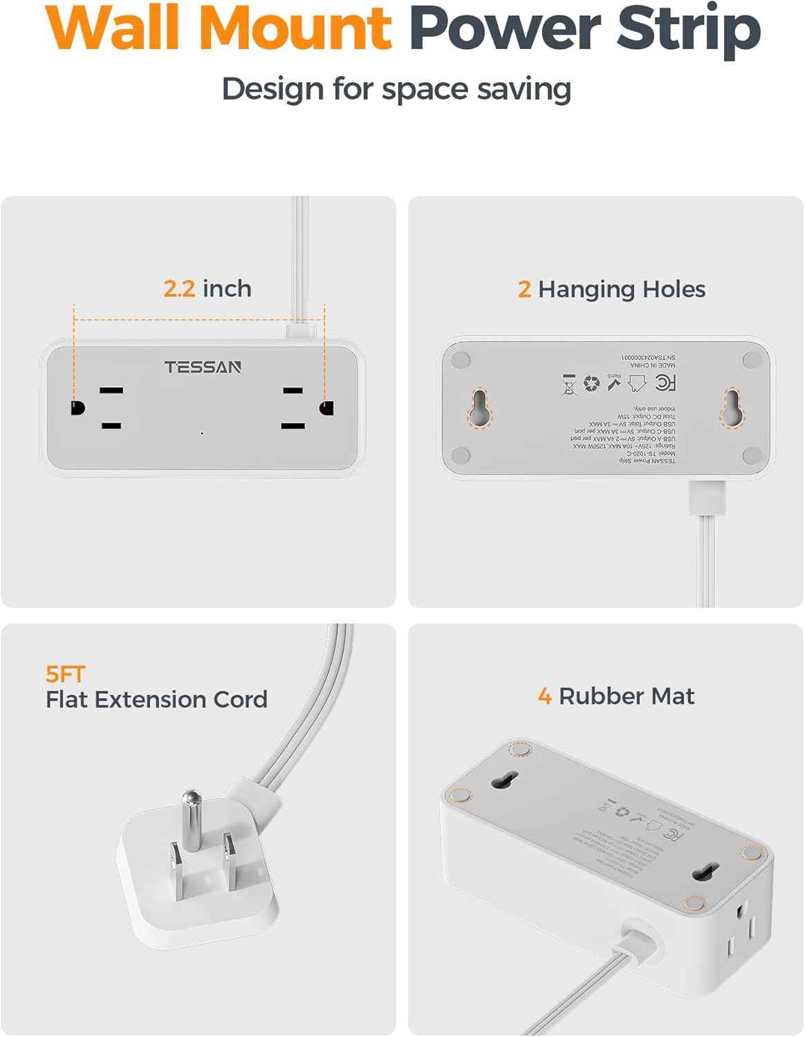 TESSAN Flat Plug Extension Cord 5 FT, Surge Protector Power Strip with 4 AC Outlets 1 USB C and 2 USB A Ports, 900 Joules Protection, Multiple Wall Outlet Extender Suitable for Home Office Dorm