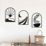 OYEFLY 3PCS Boho Metal Wall Decor, Black Metal Wall Art for Home Decor, Bohemian Style Wall Hanging