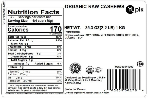 yupik organic raw cashews 2.2lb kosher gluten-free non-gmo vegan unsalted