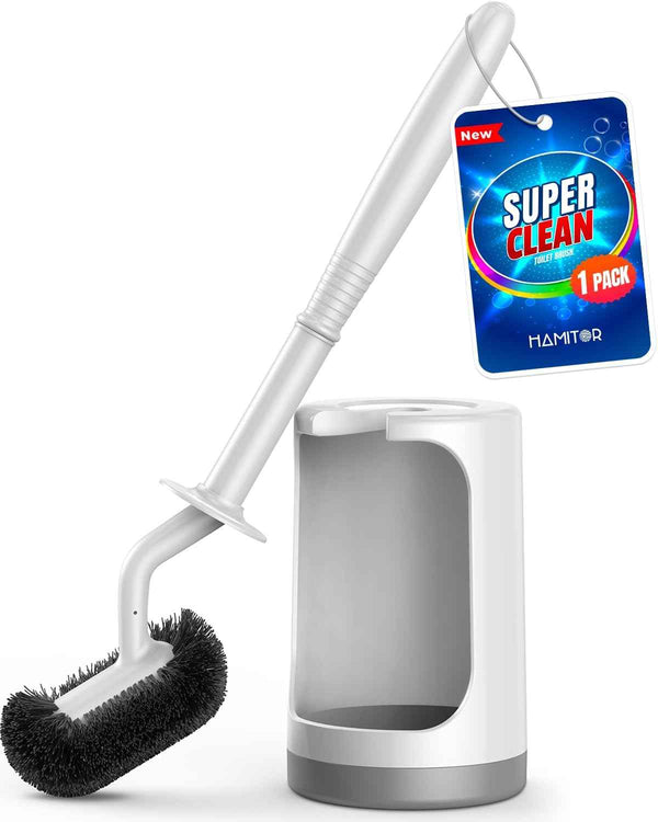 Hamitor Curved Toilet Brush Holder Set with Hidden Scrubber for Small RV Bathroom Accessories - White