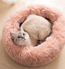 Pink cat bed for indoor cats, dog bed for small dogs, anti anxiety plush faux fur pet bed, 20/24 inches, medium size