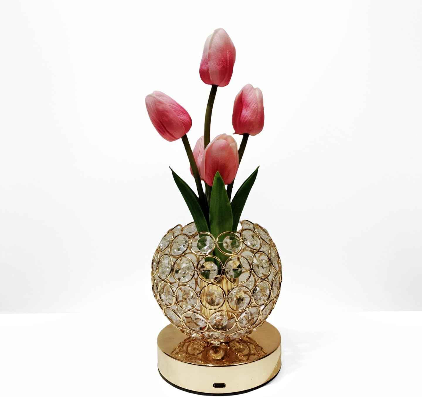Cordless Tulip Flower Lamps, 3 Colors Touch Stepless Dimming Crystal Night Light, Rechargeable Artificial LED Flower with Vase Lamp Romantic Decor for Mothers Day,Xmas,Birthday (Pink)