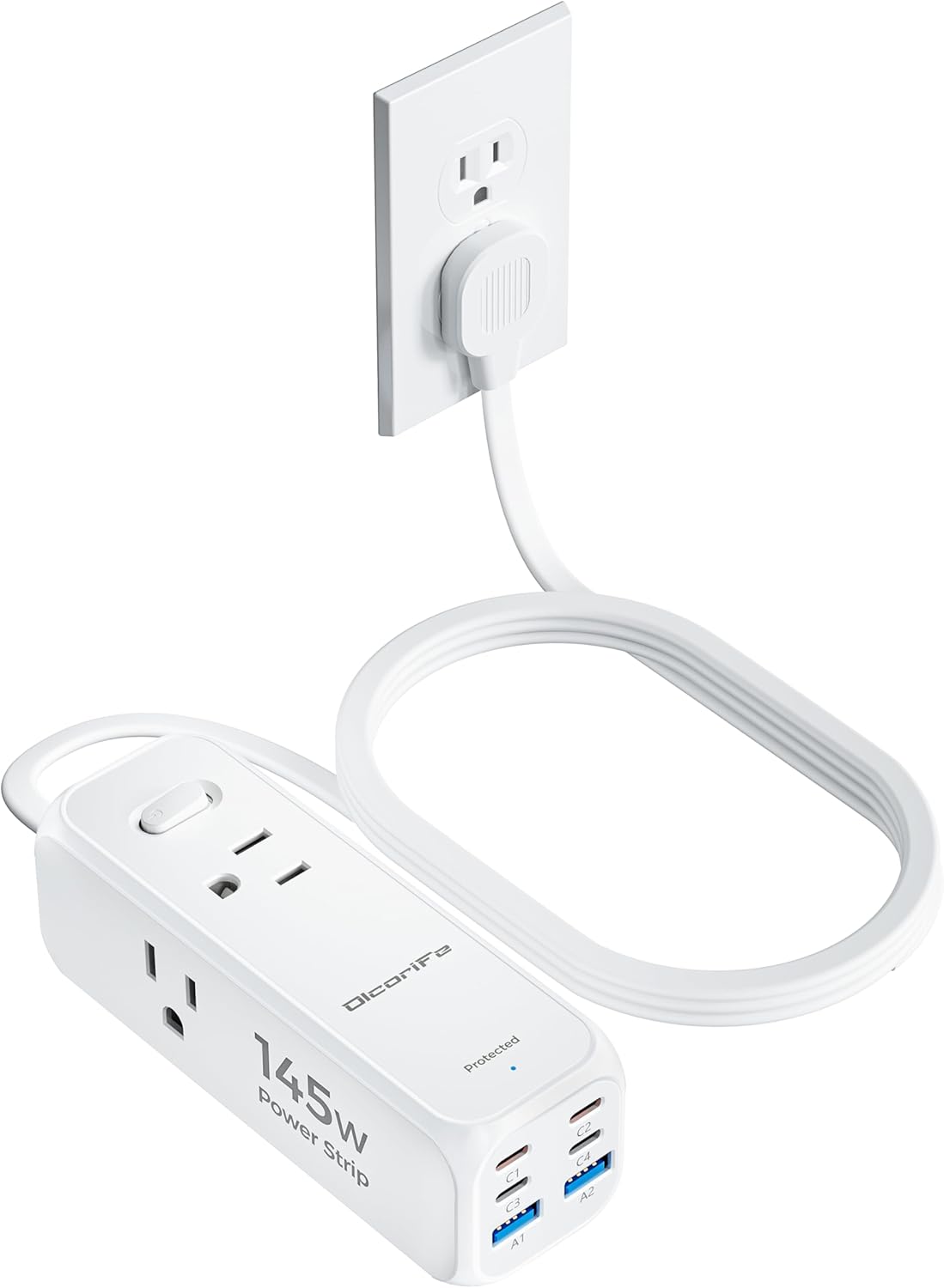 Power Strip Surge Protector, Olcorife Ultra Thin Flat Plug Extension Cord 5ft, 6 Outlets 3 USB Ports(1 USB C), 3 Sided Outlet Extender for Home Office Travel Dorm Room Essentials, White