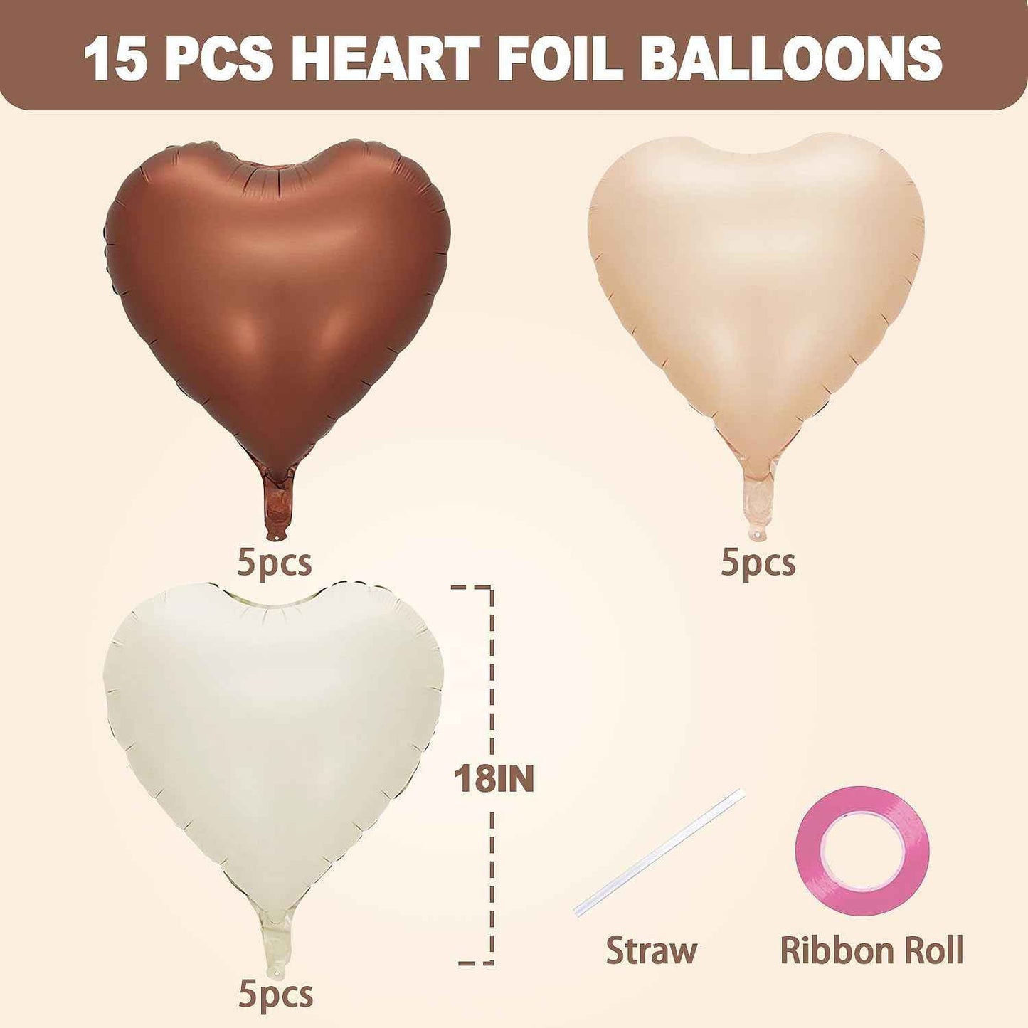 Brown Cream Heart Shape Foil Balloons -15PCS- for Valentine's Day Decorations, 'I Love You' Balloons, Romantic Decorations for Special Night (18inch)