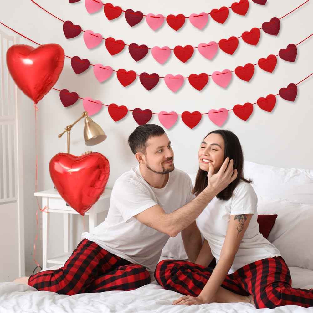 Valentines Day Decorations, 6 Strips Valentines Day Garland - Felt Heart Garland Banner for Mantle, Wall, Party Valentine Decorations - Hanging Hearts Decorations for Valentine Decor