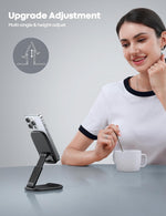 Adjustable phone stand for desk, compatible with iPhone and Galaxy