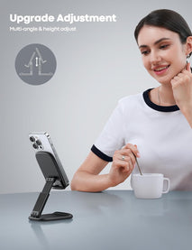 Adjustable phone stand for desk, compatible with iPhone and Galaxy