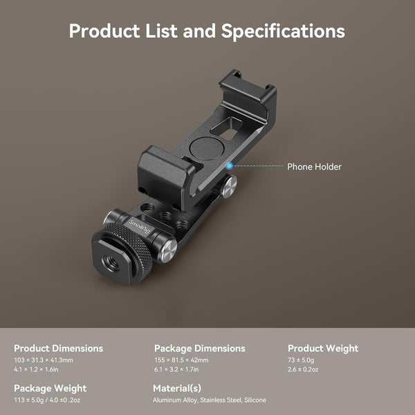 SMALLRIG Universal Metal Phone Support with Cold Shoe Mount, Smartphone Holder Adapter Support Free Adjustment Joints, Phone Tripod Mount for iPhone 17 16 15 14, for Samsung Galaxy etc. - 4382