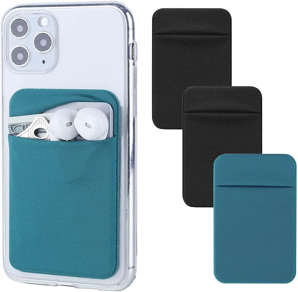 Cell phone card holder with stretchy fabric and self-adhesive sticker for back of phone