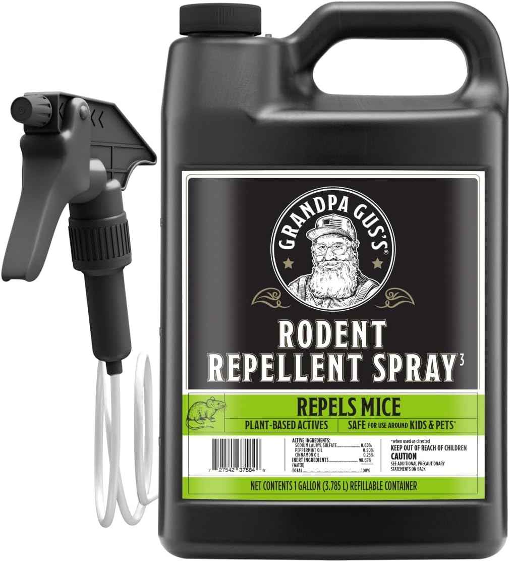 Grandpa Gus's Rodent Repellent Spray with Sprayer, Natural Peppermint & Cinnamon Oils Repel Mice and Stop Rats, 1 Gallon (Pack of 1)