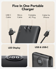 Portable Charger,Power Bank Built-in Cables and AC Wall Plug,VRURC USB C Portable Bank 10000mAh,Travel Essentials Phone Charger Compact Lightweight External Battery Pack for Smart Phones,Tablets-Black