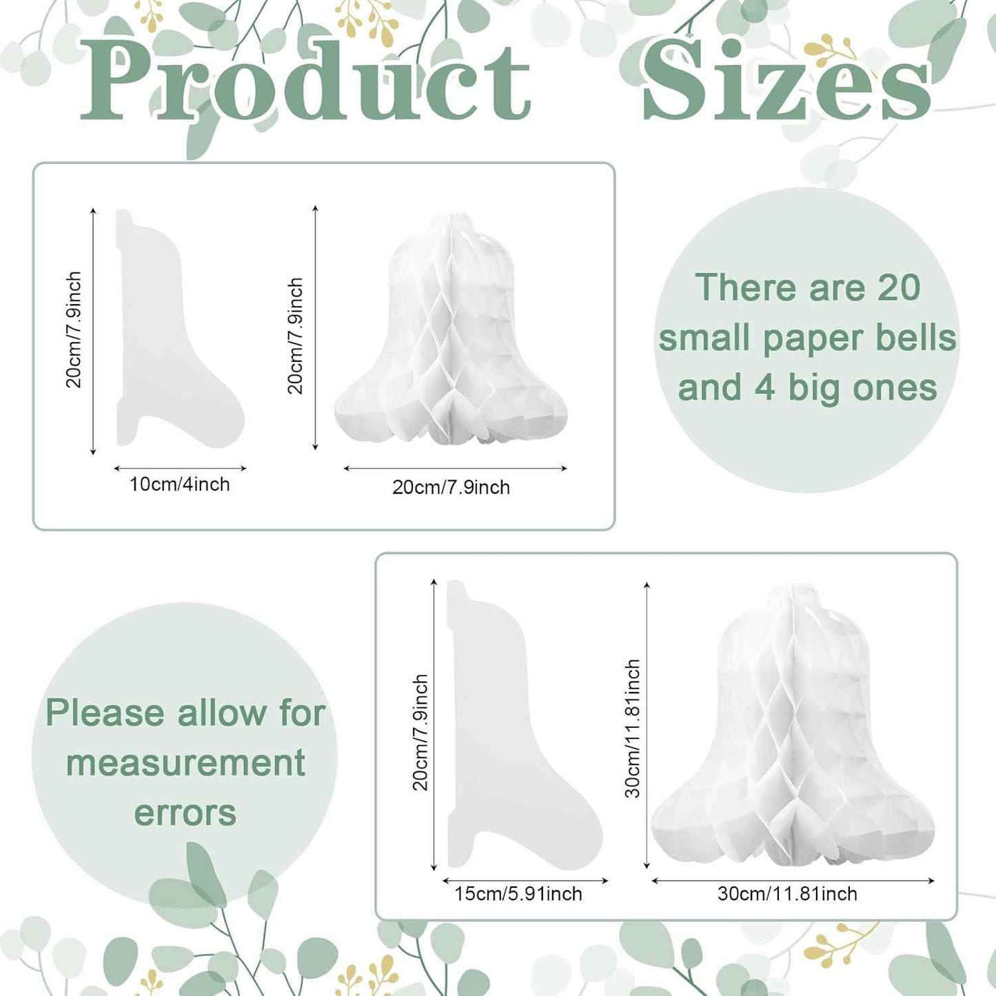 24 Pcs Paper Wedding Bells White Hanging Big Bridal Honeycomb Wedding Bells Decorations for Ceremony Parties Baby Showers Christmas Decorating Supplies, 7.9inch and 11.8inch