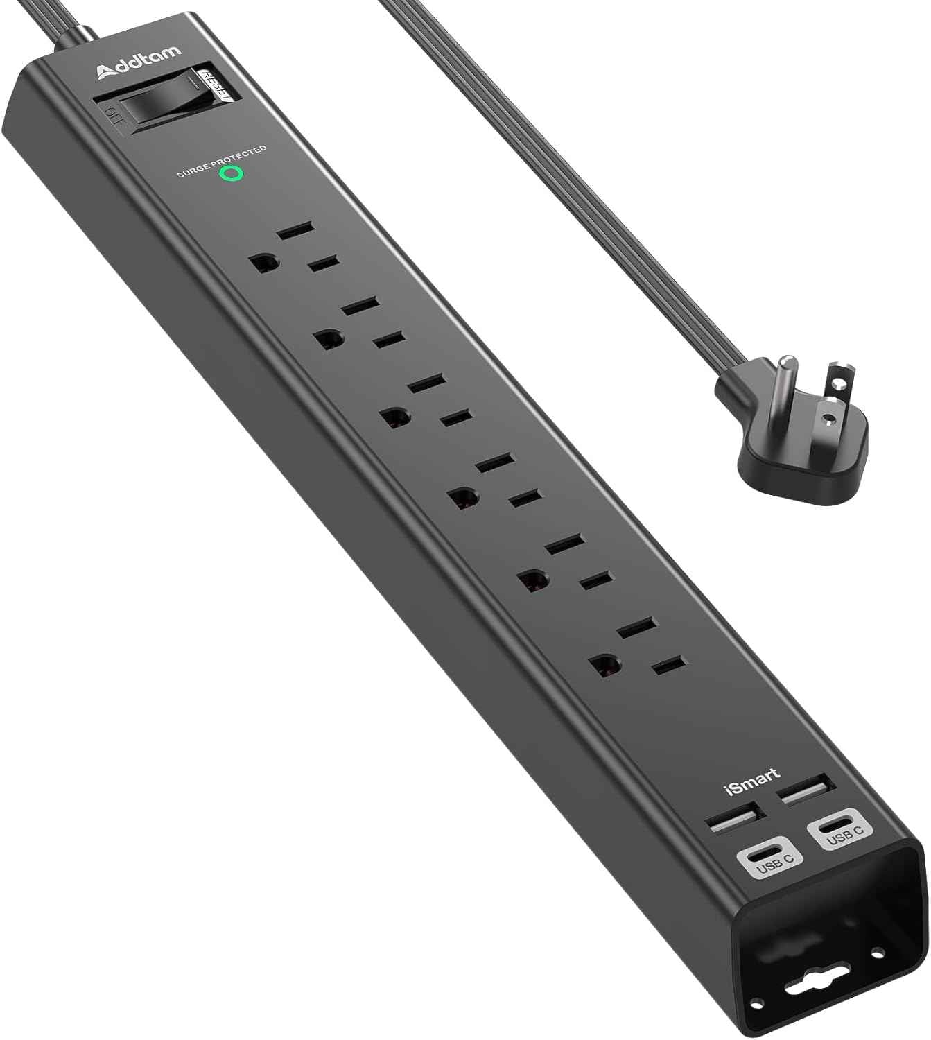 Surge Protector Power Strip - Extension Cord with Addtam 6 AC Outlets 4 USB (2 USB-C Ports), 1875W/15A, Flat Plug with Overload Surge Protection, Outlet Extender for Home Office Dorm Room Essentials
