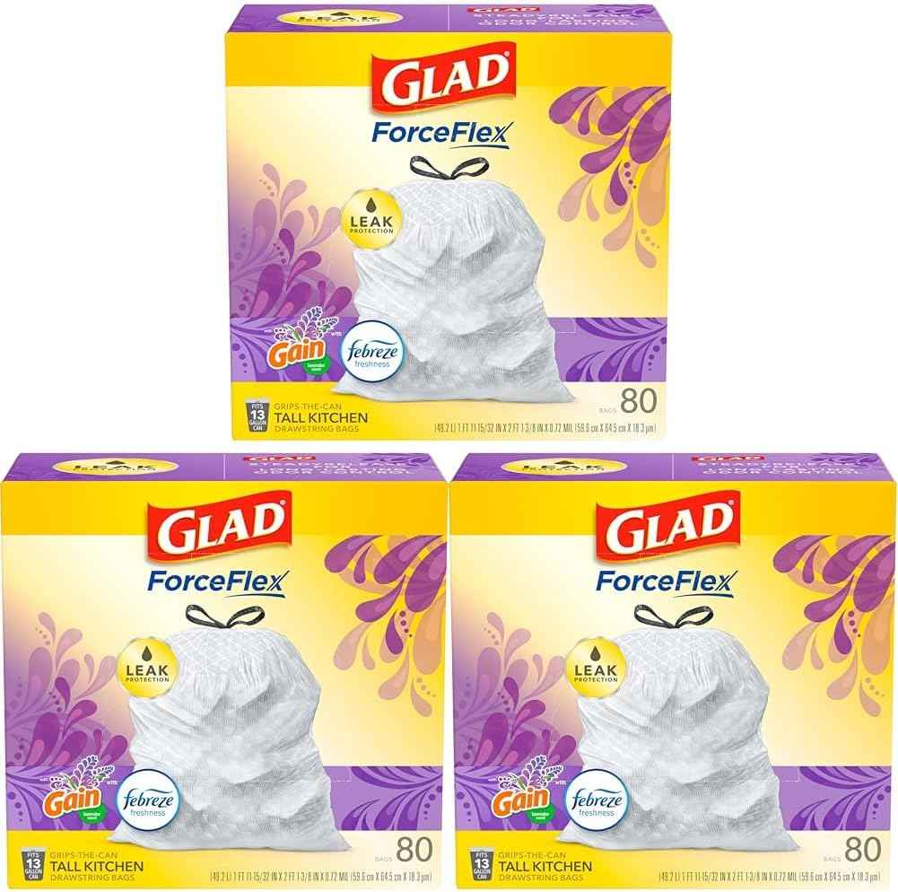 Glad ForceFlex Tall Kitchen Drawstring Trash Bags, 13 Gal, Gain Lavender, 80 Ct (Package May Vary)