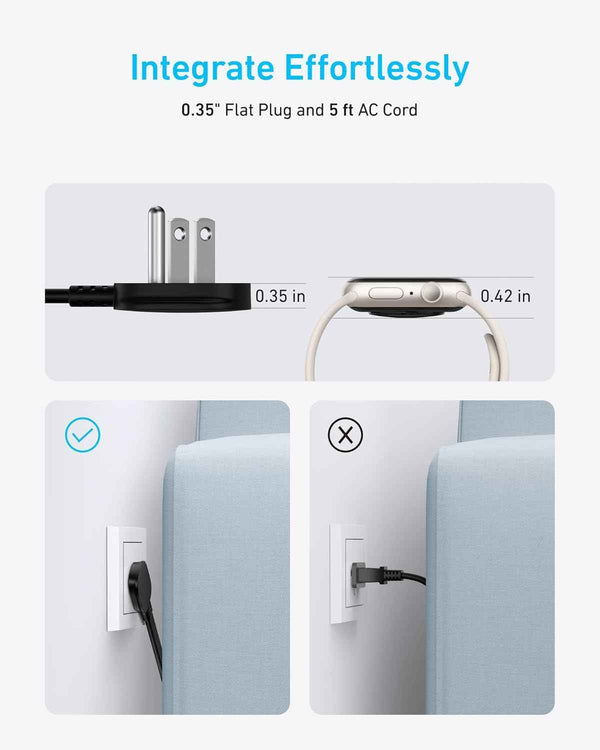 anker 300j flat plug 10-in-1 ultra thin power strip with 6 ac and 3 usb ports, extension cord, desk charging station, 5 feet, black