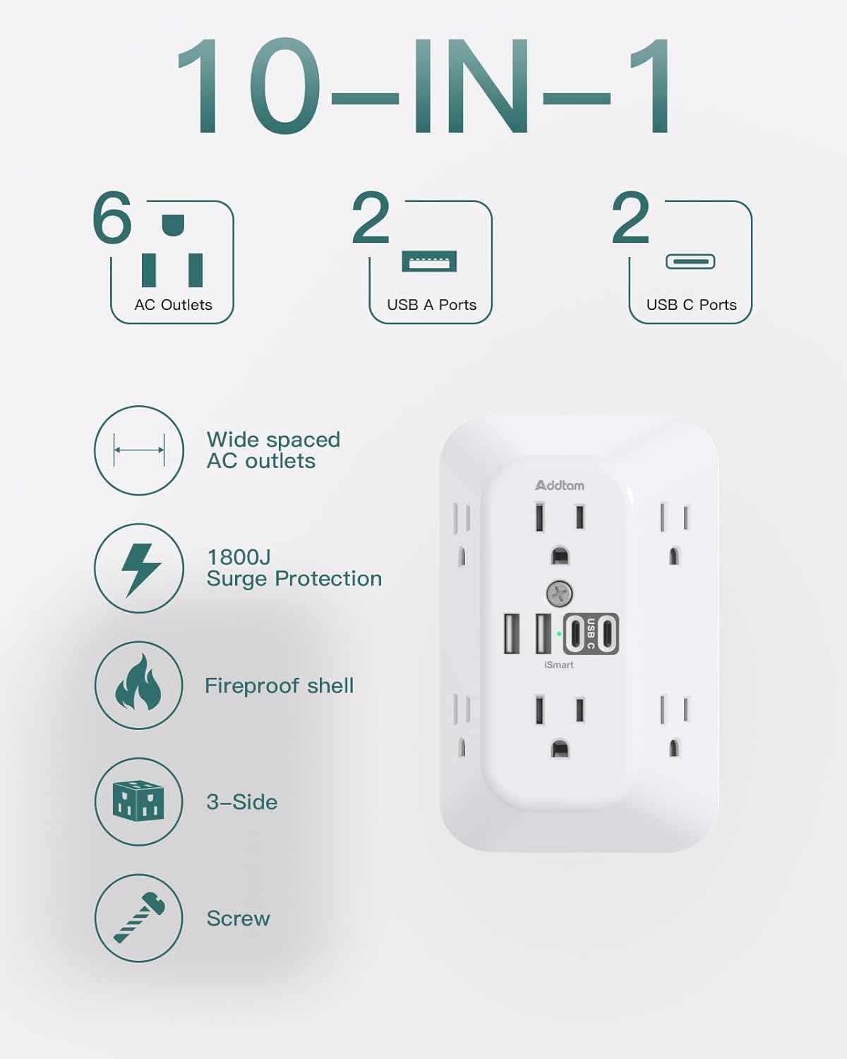 Addtam Surge Protector Outlet Extender, 6-Outlet Splitter with 4 USB Wall Charger(2 USB-C Ports), Multi Plug Wall Outlet 1800J Power Strip for Home Office Dorm Room Essentials