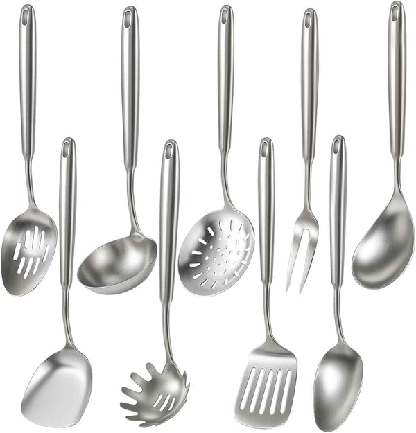 Newness 16 Pcs Cooking Utensils Set, 304 Stainless Steel Kitchen Utensils Set, Metal Kitchen Accessories, Include Soup Ladle, Slotted Skimmer Spoon, Spaghetti Spoon and Spatula, Dishwasher Safe