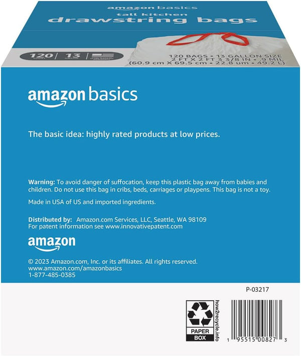 Amazon Basics Tall Kitchen Drawstring Trash Bags, Sturdy and Tear Resistant, 13 Gallon, Unscented, 120 Count