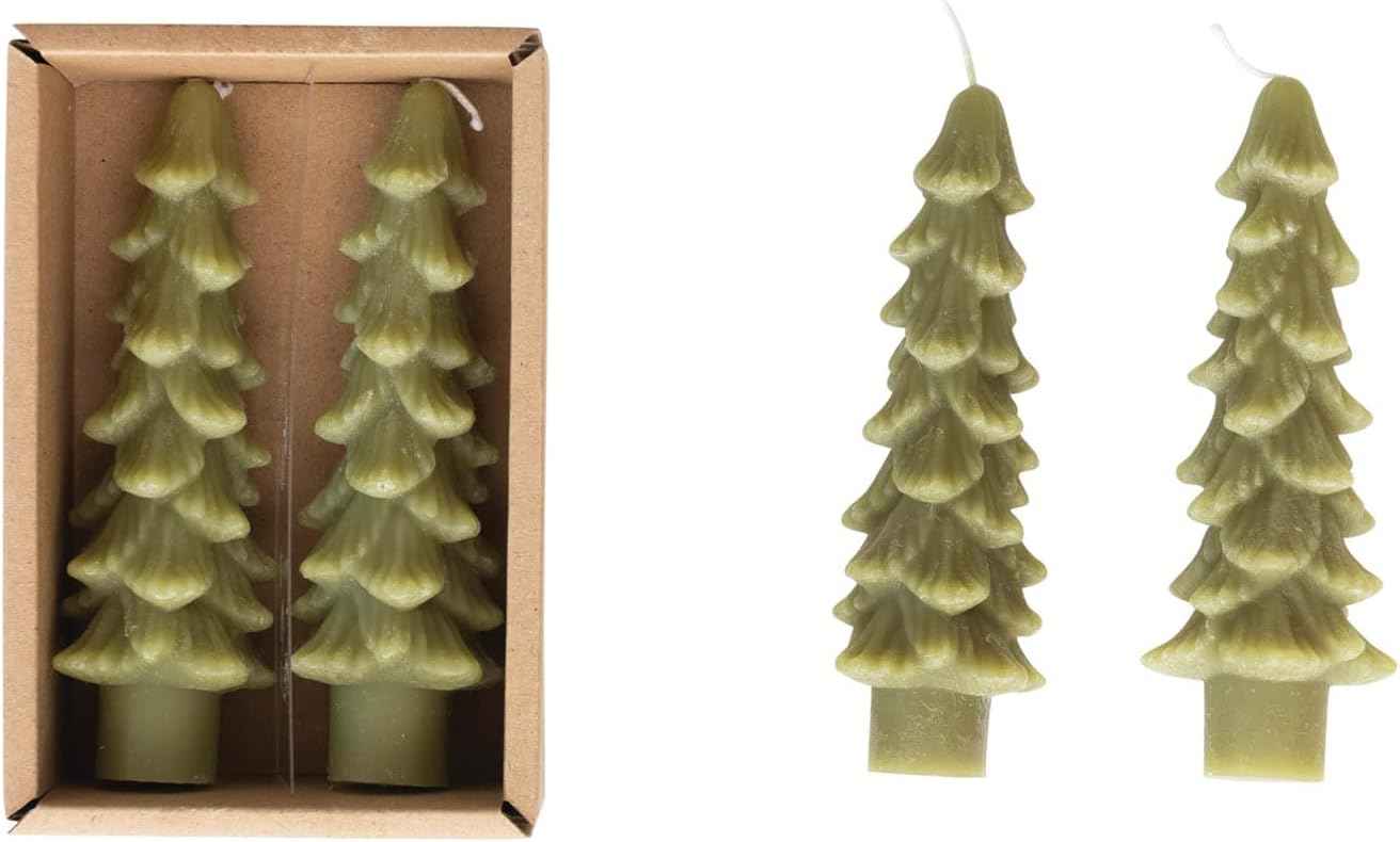 Creative Co-Op Unscented Tree Shaped Taper Candles, Evergreen, Boxed Set Of 2