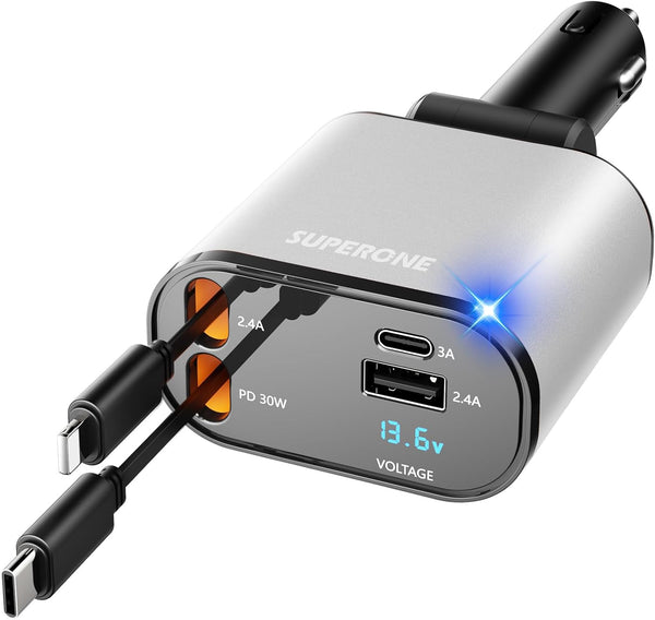 【Upgraded】 SUPERONE Retractable Car Charger 4 in 1, Fast Car Phone Charger with Cord 2.6ft, USB C and Apple Car Adapter, Compatible with iPhone 17 16 15/15 Pro Max/14/13/12/11, Galaxy, Pixel - Rayz Mart