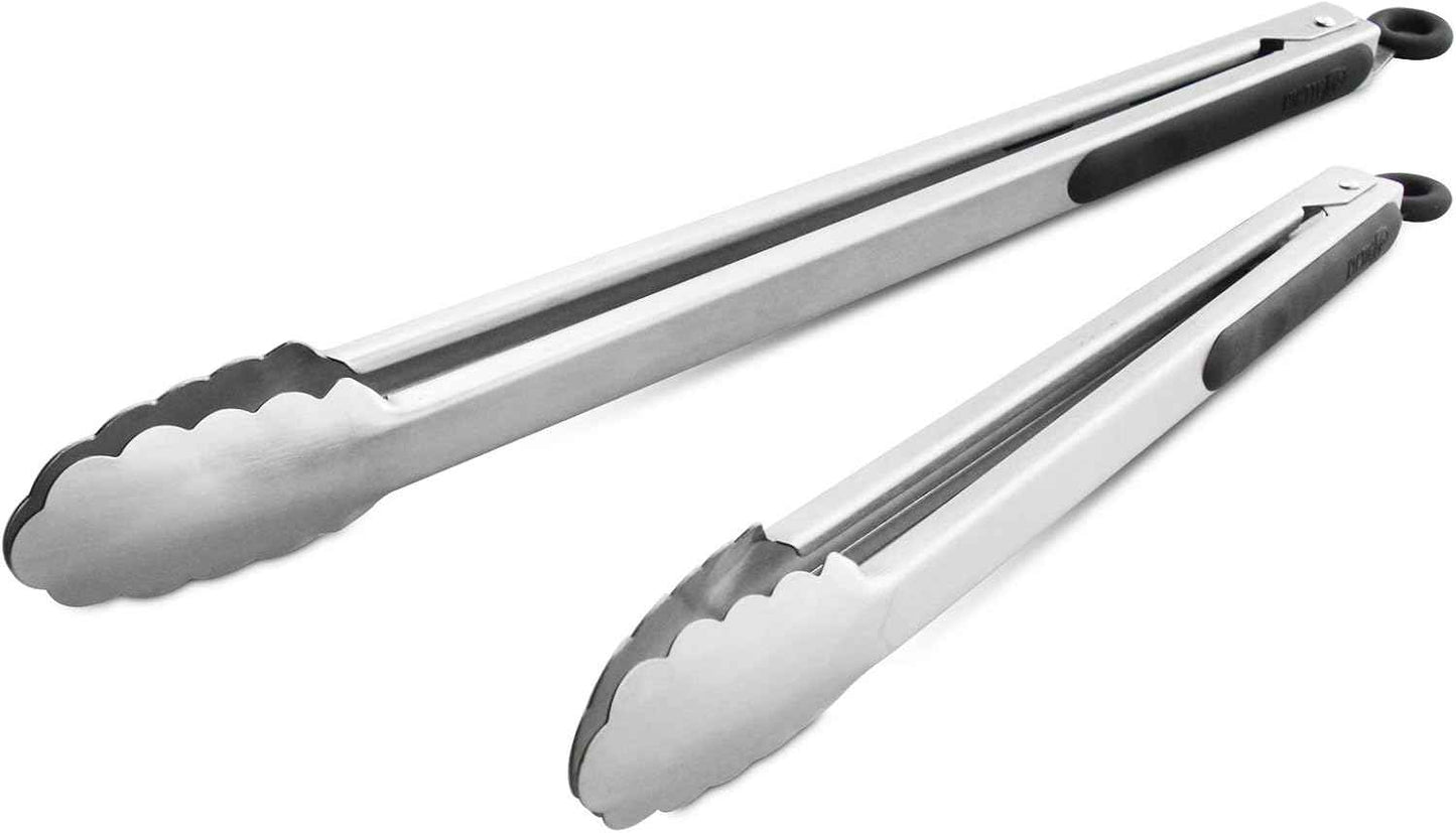 304 Stainless Steel Kitchen Cooking Tongs, 9" and 12" Set of 2 Sturdy Grilling Barbeque Brushed Locking Food Tongs with Ergonomic Grip, Black