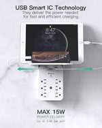 wall outlet extender with 6 ac outlets, shelf, 2 usb & usb c charging ports - compact plug expander