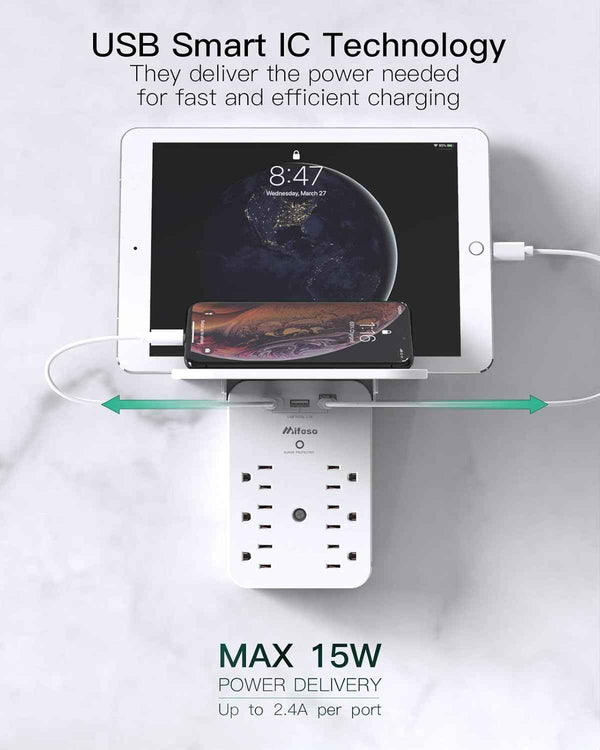 wall outlet extender with 6 ac outlets, shelf, 2 usb & usb c charging ports - compact plug expander
