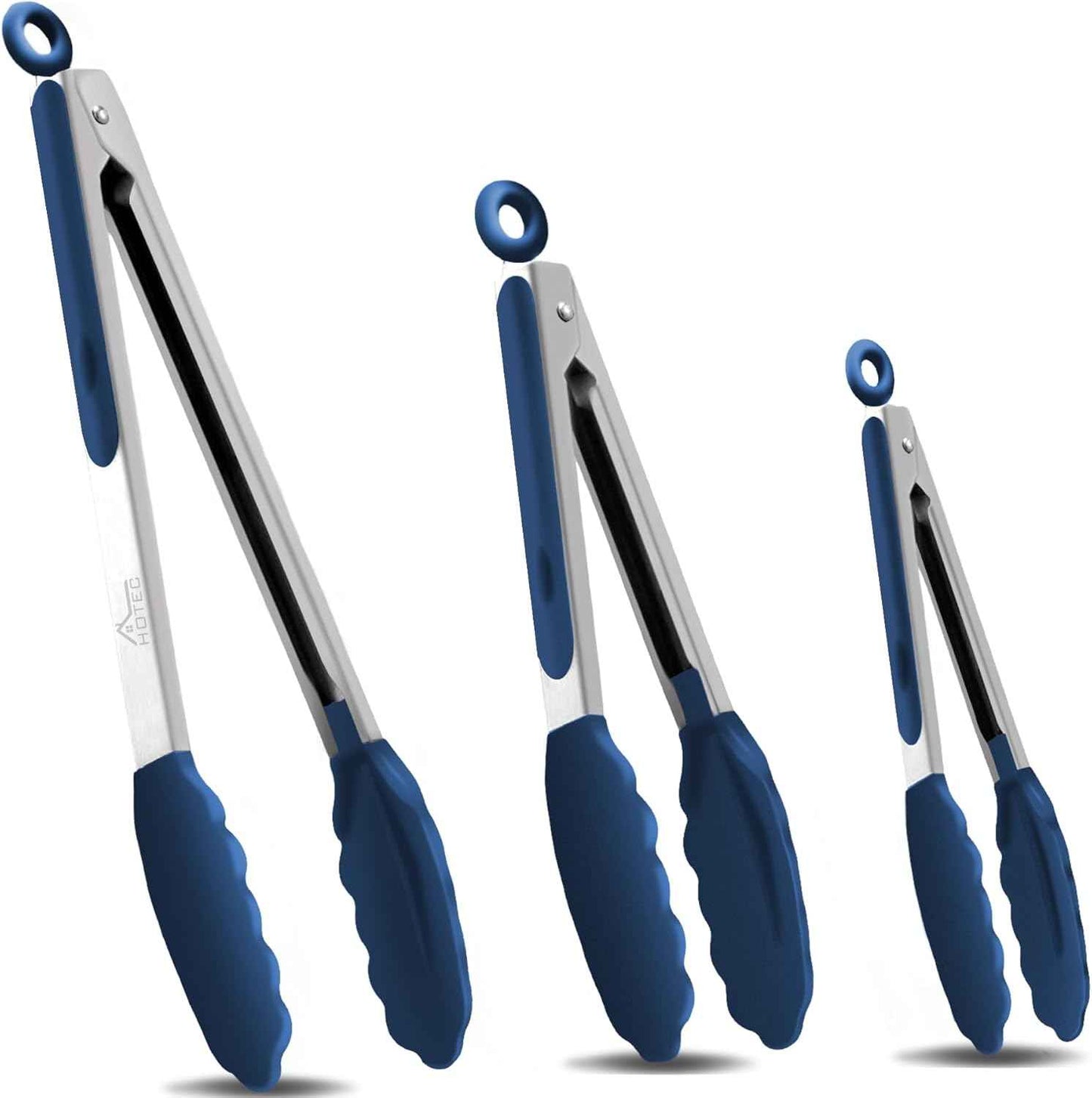 HOTEC Premium 7 & 9 Inch Kitchen Tongs, Stainless Steel Locking Cooking Tongs with Silicone Tips, Non-Scratch & Heat Resistant, Serving Tongs for Salad, BBQ, Classic Blue, Set of 2