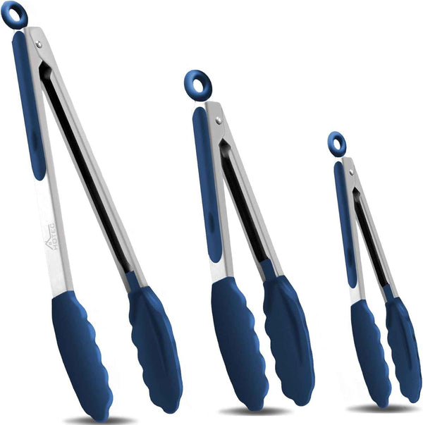 HOTEC Premium 7 & 9 Inch Kitchen Tongs, Stainless Steel Locking Cooking Tongs with Silicone Tips, Non-Scratch & Heat Resistant, Serving Tongs for Salad, BBQ, Classic Blue, Set of 2