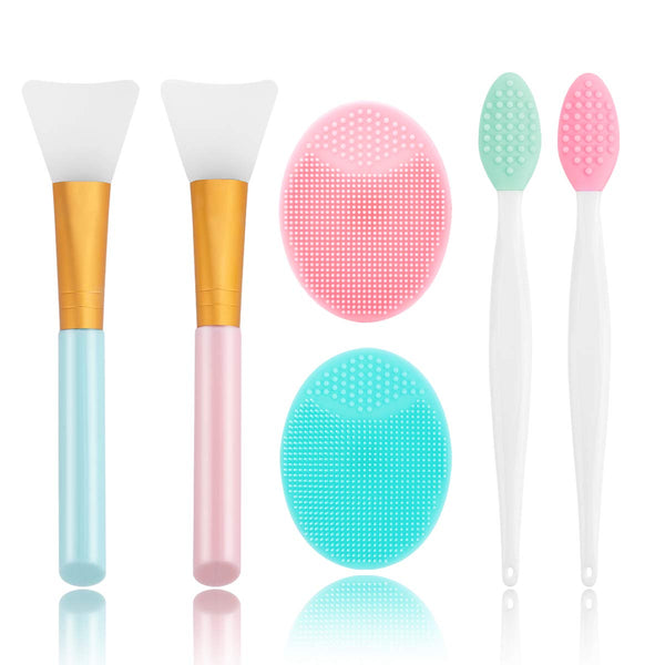 Silicone face scrubber set with 6 exfoliating brushes and lip mask tools, gentle on all skin types, blackhead removal